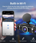 Hand holding smartphone showing All-Around 360 Dash Cam With Four Lenses, WiFi connection, and dash cam unit