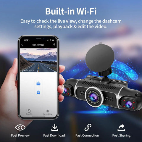 Hand holding smartphone showing All-Around 360 Dash Cam With Four Lenses, WiFi connection, and dash cam unit