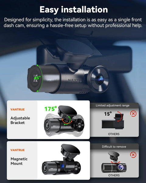 Installation features of Dual Dash Cam For Your Ride With 5G WiFi Front 2.7K And Interior 1080P, HDR Night Vision.
