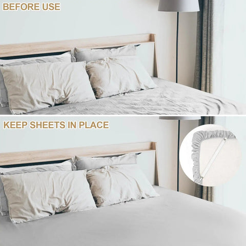 Before and after using 20 Pcs Hidden Strap Tablecloth Clips Set Adjustable Elastic Table Cloth Holders For Bed Sheets.