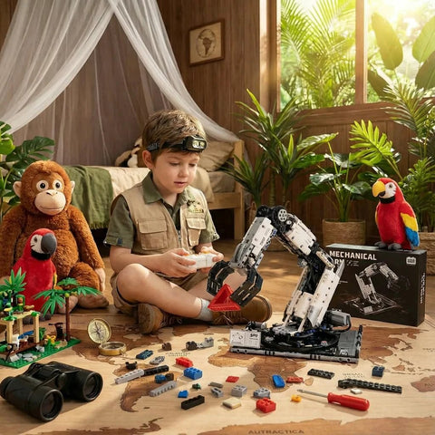 STEM remote-control white robotic arm building kit; child plays with arm on map floor beside plush monkey and parrot.