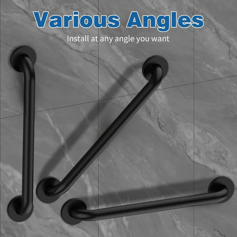 Hella Tough Stainless Steel Shower Grab Bars For Seniors And 12 Inch Anti Slip Bathroom Hand Rails in various installation angles.
