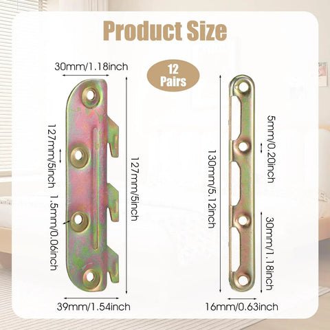 12 Pairs Bed Frame Rail Brackets For Headboard And Footboard Connections Built To Last Heavy Duty Carbon Steel Five Inch Wooden Bed Frame Hardware Kit With Screws Easy Installation, 12-pair size chart