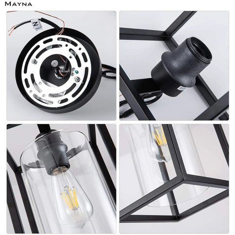 Details of One Light Farmhouse Pendant Light With Black Metal Cage And Glass Shade showing bulb, wiring, and glass components.