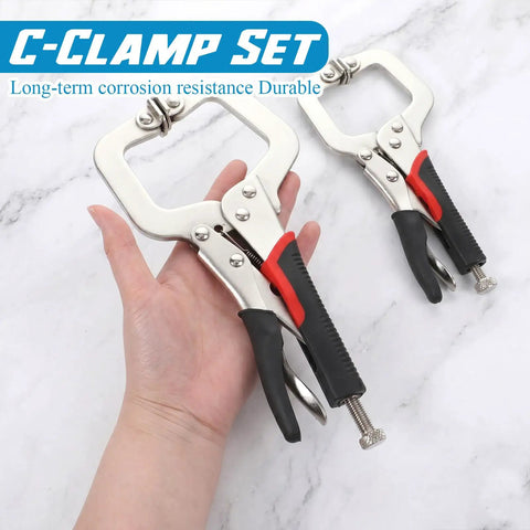 4 Piece Locking C Clamp Set Heavy Duty Welding Clamps Pliers Vise Grips With Swivel Pads 6 Inch 9 Inch 11 Inch Tough Grip For Craftsmen Home Workshop Projects, two clamps shown