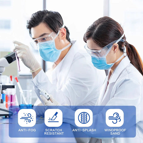 Scientists wearing Clear Safety Glasses Over Eyeglasses 12 Pack Anti Fog Scratch Resistant Eyewear in lab environment.