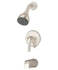 Origins Single Handle 1 Spray Tub and Shower Faucet Trim in Satin Nickel 1.5 GPM Valve Not Included Includes Shower Arm and Escutcheon