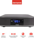 Exos Home Speaker With 30W RMS Power, Bluetooth Streaming, CD Player, FM Radio, Optical Digital Input on display with digital clock.