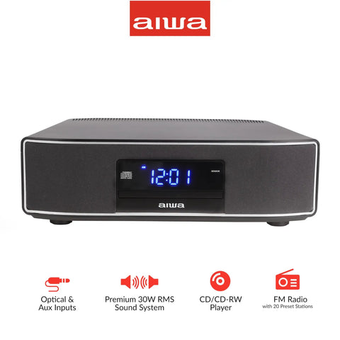 Exos Home Speaker With 30W RMS Power, Bluetooth Streaming, CD Player, FM Radio, Optical Digital Input on display with digital clock.