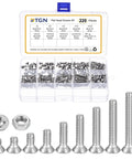 Flat Head Nuts And Bolts Set 220 Piece Assortment Kit With Silver Hardware Includes Thread Size Six By Thirty Two Screws In Lengths Three Sixteenths To One Half Inch Perfect For Home Auto And DIY Projects, open case with stainless steel screws and nuts