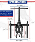 Three Jaw Bearing Puller Set For Cars, SUVs, And Bikes Internal And External Puller Tool With Reversible Jaws, dimensions shown