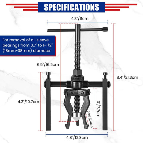 Three Jaw Bearing Puller Set For Cars, SUVs, And Bikes Internal And External Puller Tool With Reversible Jaws, dimensions shown