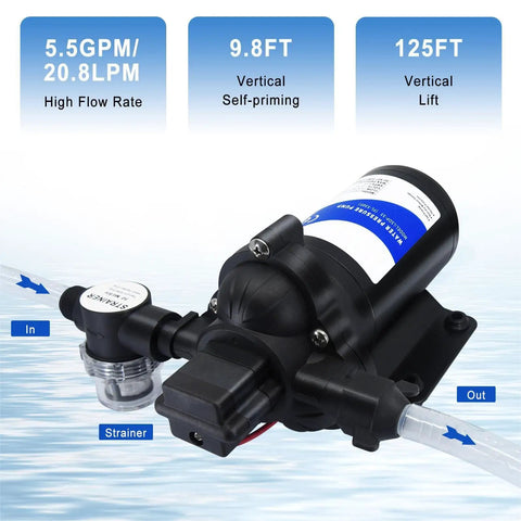 12V RV Water Pressure Booster Pump Self Priming 50 PSI 4 GPM with strainer and flow indicators, black unit on water background