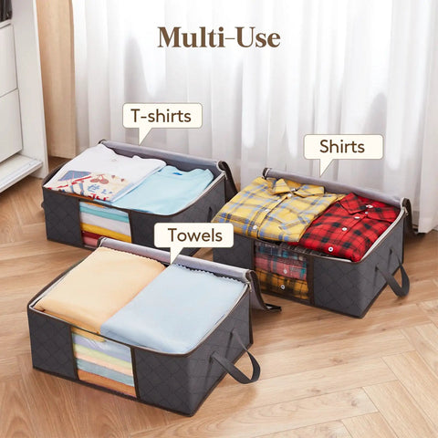 Three Six Pack Clothes Storage Bags Foldable Storage Bins with Clothing and Towels, Gray, Reinforced Handles, Clear Window