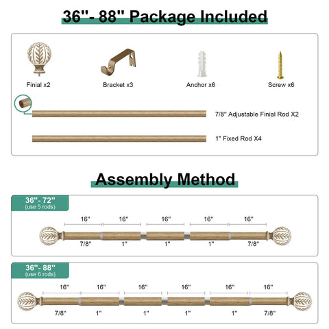 Boho Wood Curtain Rods Set For Windows 48 To 84 Inches One Inch Adjustable Heavy Duty Drapery Rod With Imitation Wood Grain Finials