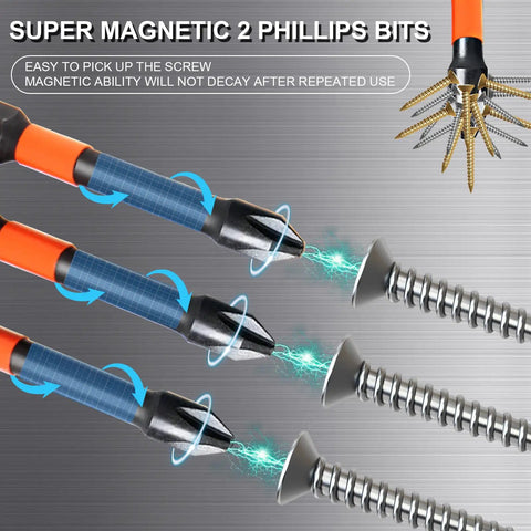 Close-up of 10 Pack Magnetic Phillips Bit Set PH2 Impact Magnetic Bits showcasing use with screws and magnetic feature.
