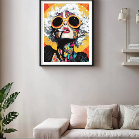 Framed 5D Diamond Painting Kit For Adults Beginner Retro Mod Girl Round Full Drill Diamond Art With Tools above sofa