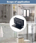 Rock Solid Matte Black Glass Door Hinges Heavy Duty 304 Stainless Steel 90 Degree Single Side Bathroom Glass Clamp Frameless Shower Hardware shown in various bathroom settings.