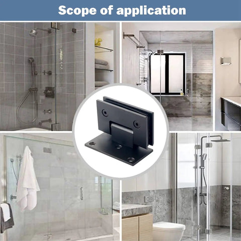 Rock Solid Matte Black Glass Door Hinges Heavy Duty 304 Stainless Steel 90 Degree Single Side Bathroom Glass Clamp Frameless Shower Hardware shown in various bathroom settings.