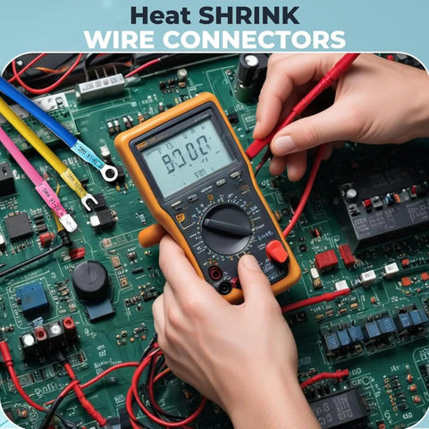 Ultimate 302 Pcs Heat Shrink Wire Connectors And Waterproof Electrical Terminals Kit For Cars Trucks And Electronics Featuring Red Blue Yellow Sized Spades Forks Rings And Quick Disconnects For Serious Diy Repairs on circuit board with multimeter