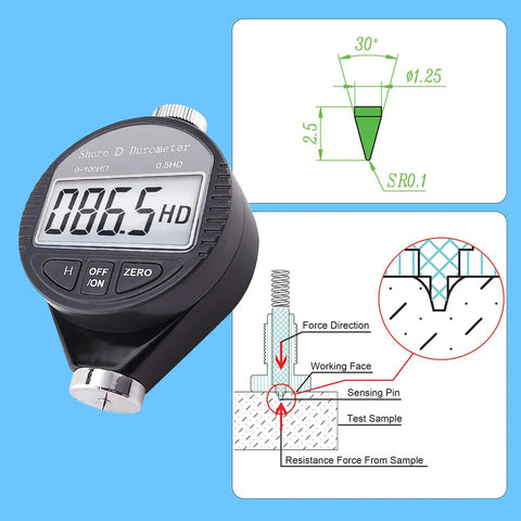 Portable Digital Durometer For D Hardness 0 To 100HD Range Pro Grade Tool For Rubber Tires Plastics Thermoplastics Flooring And Bowling Balls With Large LCD Display