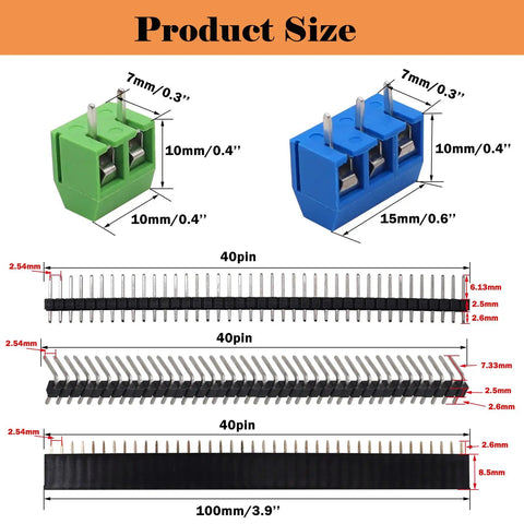 Screw terminals and header connectors from 48 Piece Double Sided PCB Board Kit For DIY Soldering And Electronic Prototyping