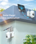 6W Solar Powered Outdoor Security Cam With 2K 3MP Battery mounted on wall with solar panel