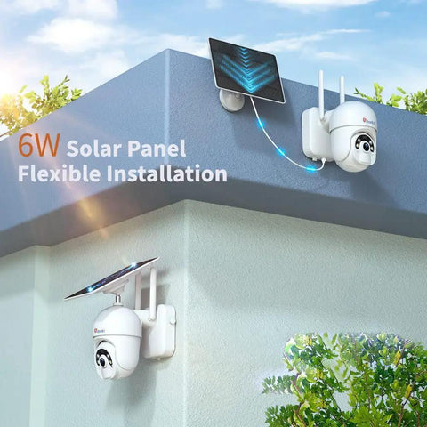 6W Solar Powered Outdoor Security Cam With 2K 3MP Battery mounted on wall with solar panel