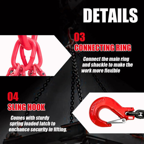 Heavy Duty Four Leg Chain Sling Built Tough With Four Safety Hooks Made From G80 Alloy Steel close-up of red connecting ring and sling hook.