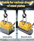 Permanent magnetic lifter with release, 440 lb; left view lifts steel plate, right view lifts round steel.