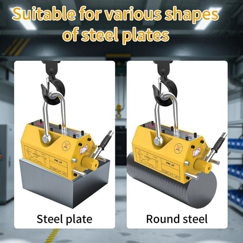Permanent magnetic lifter with release, 440 lb; left view lifts steel plate, right view lifts round steel.