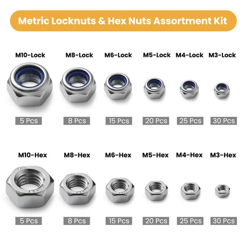 206 Piece Metric Lock Nuts And Hex Nuts Assortment Kit Nylon Insert Nylock 304 Stainless Steel M3 To M10 for Quick Fixes