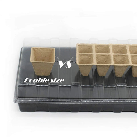 DIY Friendly All In One Seed Starter Kit With Biodegradable Square Peat Pots showing size comparison on tray