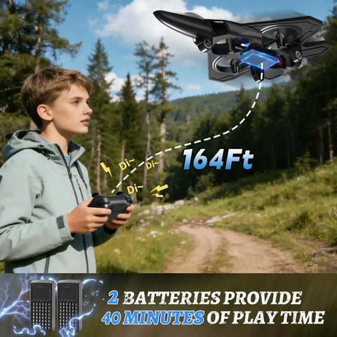 Boy flying Foam RC Airplane With LED Lights For Kids And Adults Ages 8 To 16 360 Degree Flips Stunt Fighter Jet Toy outdoors