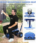 Man sitting on Rolling Garden Work Seat With Wheels For Easy Yard Tasks, 360 Degree Swivel Stool With Steering Handle And Tool Tray.