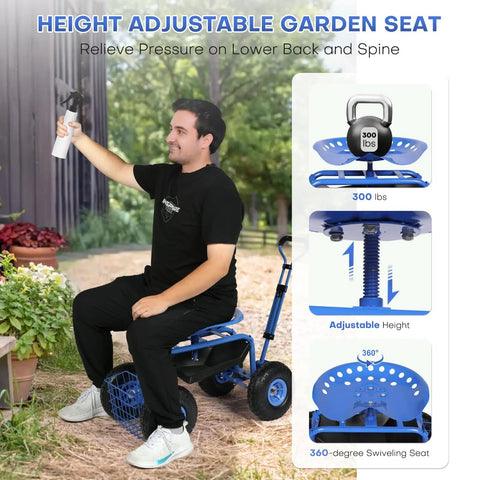 Man sitting on Rolling Garden Work Seat With Wheels For Easy Yard Tasks, 360 Degree Swivel Stool With Steering Handle And Tool Tray.