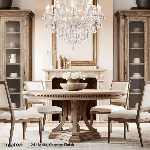 Dining room with modern crystal chandeliers for dining room and home four light K9 crystal pendant lamp over a round table.