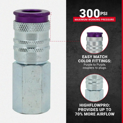 HighFlowPRO V Style Purple Pneumatic Couplers And One Quarter Inch NPT Air Plugs Easy Push To Connect ColorMatch Set Pro Grade Tool Power Compatible With V Style Connectors Box Of Ten