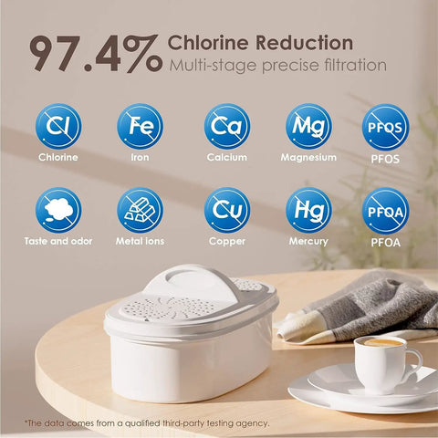 Infographic of PT04B Water Filter Pitcher With 10 Cup Capacity NSF Certified 200 Gallon Long Life Filter, showing impurities removed.