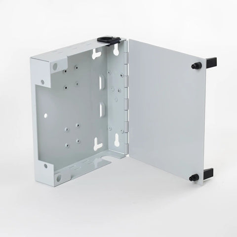 Open view of Fiber Optic Patch Panel DIN Rail Or Wall Mount With ST SC And LC Multimode Adapter Plates Pro Grade Splice Holder.