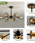 Lit Six Light Black Glass Globe Chandelier For Living Room And Kitchen Island shown with glass lampshades and iron components