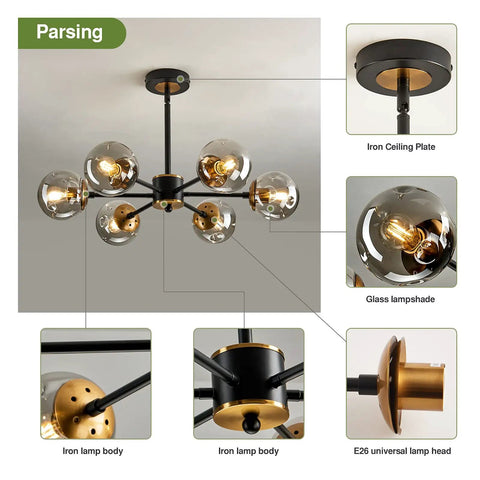 Lit Six Light Black Glass Globe Chandelier For Living Room And Kitchen Island shown with glass lampshades and iron components