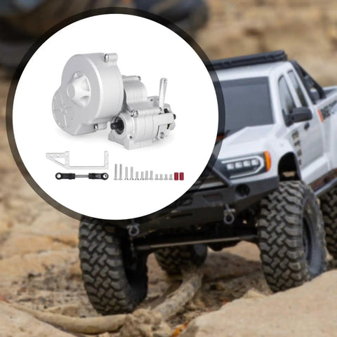 Beefed Up Aluminum Alloy RC Transmission Gearbox For 1-10 Scale Crawler Cars, Metal Gearset Upgrade Replacement, shown beside RC car