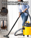 Woman using Five Gallon Wet Dry Shop Vacuum 60 CFM 6 HP Peak Power Beast Suction Portable with 22 ft reach in a living room