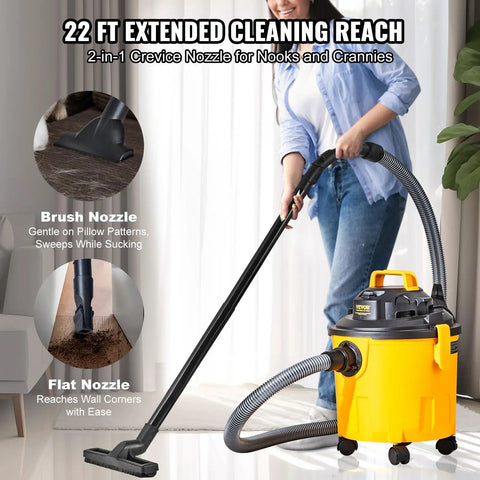 Woman using Five Gallon Wet Dry Shop Vacuum 60 CFM 6 HP Peak Power Beast Suction Portable with 22 ft reach in a living room