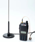 UT-72G 19 Inch Magnetic Mount GMRS Antenna Kit With Heavy Duty Cable and SMA Adapters connected to handheld radio.