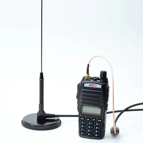 UT-72G 19 Inch Magnetic Mount GMRS Antenna Kit With Heavy Duty Cable and SMA Adapters connected to handheld radio.