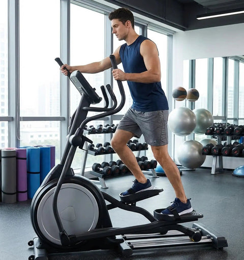 Man exercising on elliptical machine in gym with large windows and fitness equipment in background.