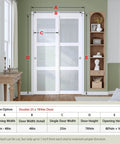 Preassembled 48 x 80 Inch White Frosted Glass Sliding Closet Door Set With 3 Lite Bypass Panels in hallway installation view.
