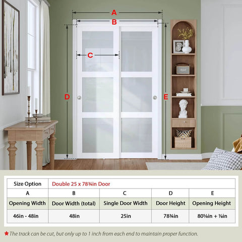 Preassembled 48 x 80 Inch White Frosted Glass Sliding Closet Door Set With 3 Lite Bypass Panels in hallway installation view.